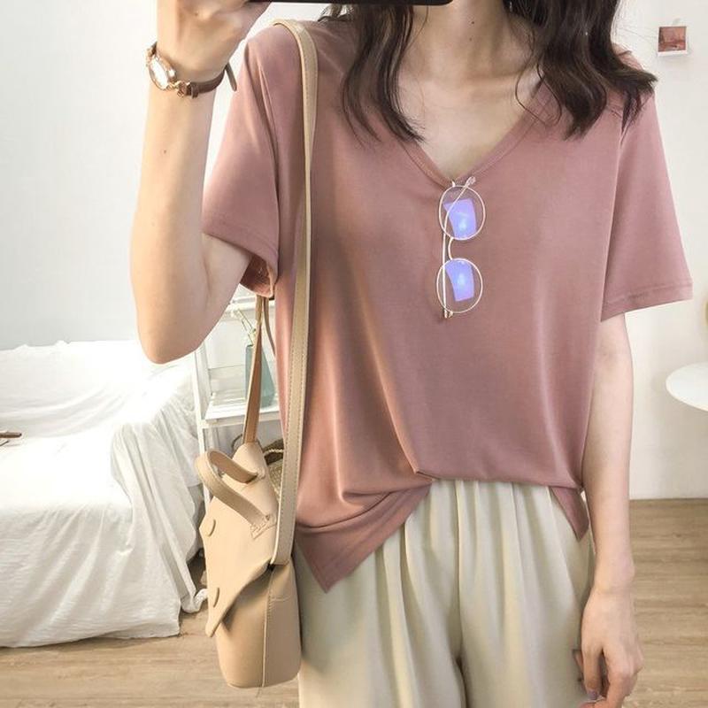 Plain Short-Sleeve V-Neck T-Shirt Mauve Pink L