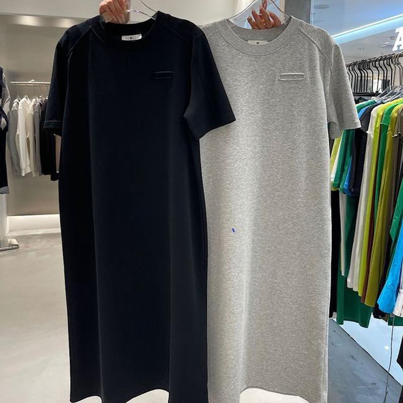 Plain Dress T-Shirt Neck Short-Sleeve Crew Midi Gray 2XL