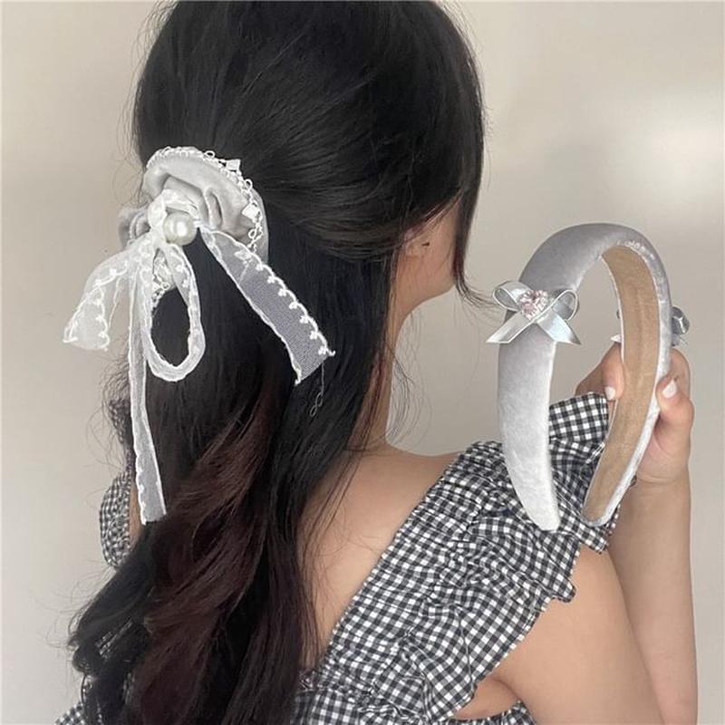 Scrunchie Headband / Beaded Headband - Gray One Size