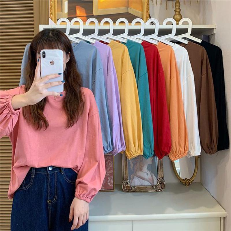 Round Balloon Sleeve Neck T-Shirt Plain Orange Pink L