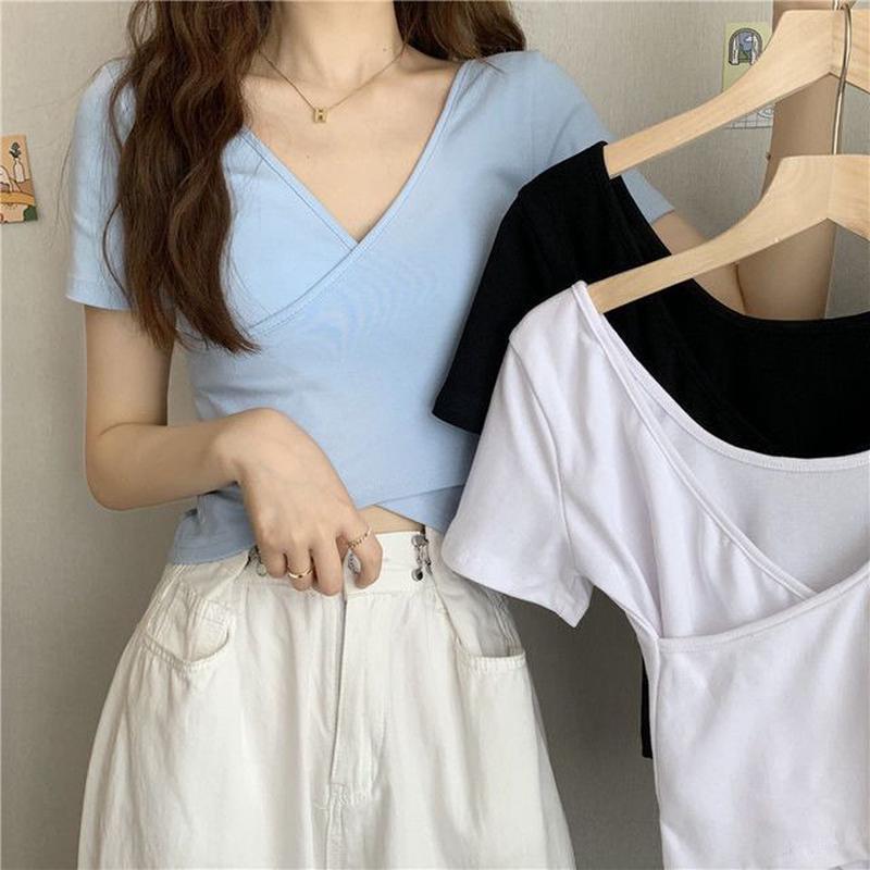 T-Shirt Crop Wrap Short-Sleeve Plain V-Neck White XL
