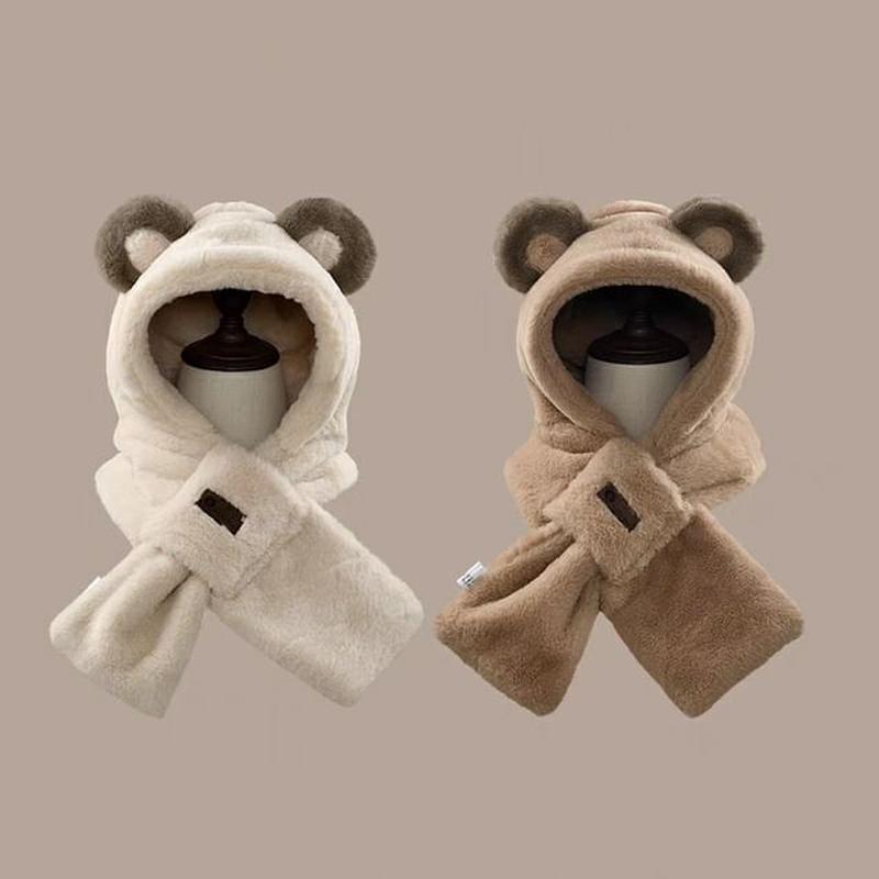 Scarfed Bear Ear Trapper Hat Khaki One Size