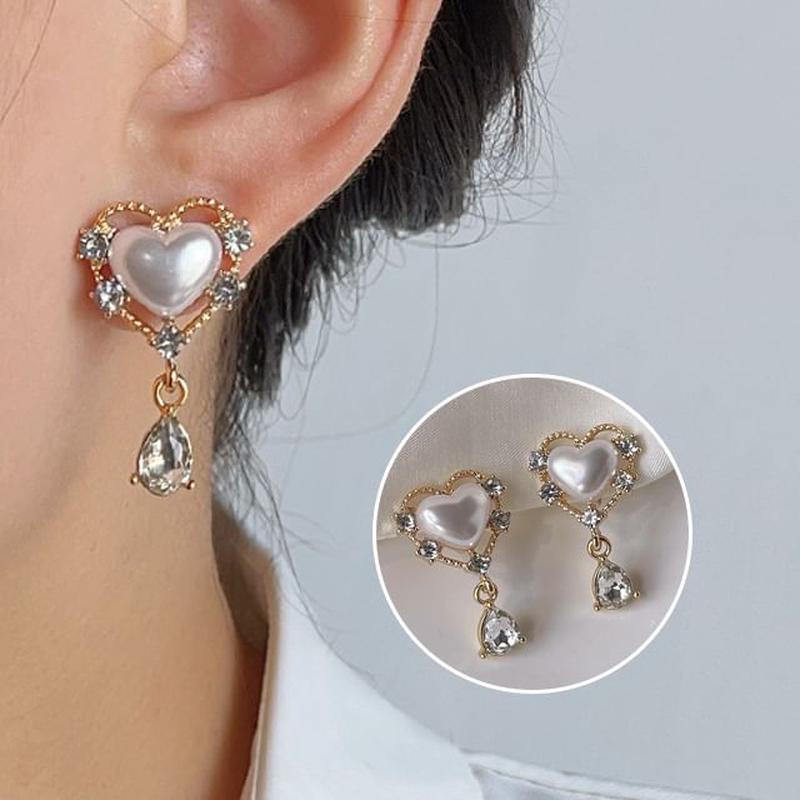 Drop Rhinestone Faux Pearl Clip Heart On Earring