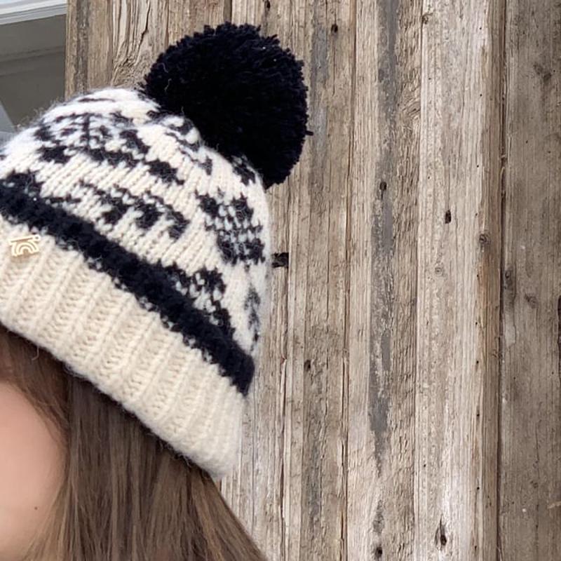 Beanie Patterned Pom Navy Blue One Size