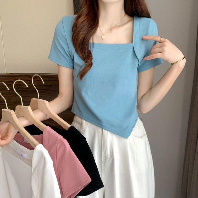 T-Shirt Cropped Square Neck Irregular Short-Sleeve Blue 2XL