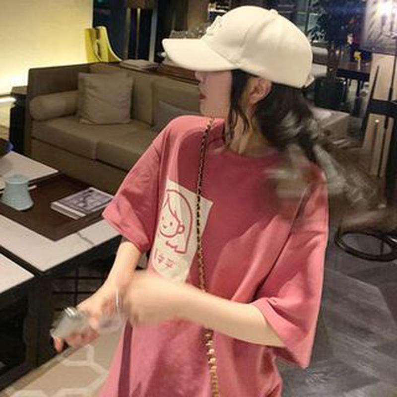 Crew Cartoon T-Shirt Elbow-Sleeve Neck Print Pink M