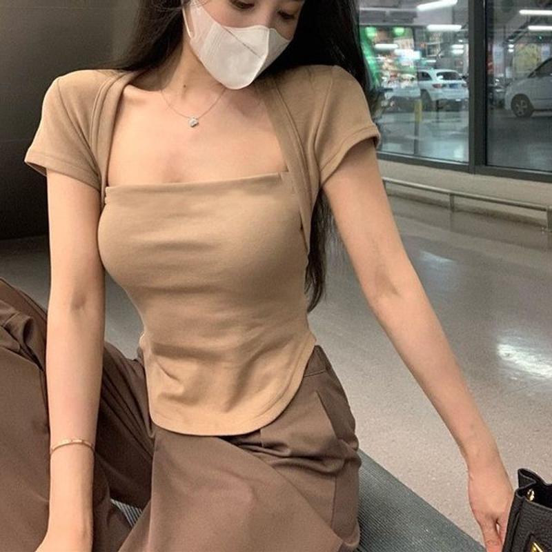 Plain Short-Sleeve T-Shirt Square Neck Black L