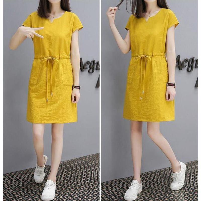 A-Line Short-Sleeve V-Neck Dress Plain Mini Drawstring-Waist Yellow 2XL