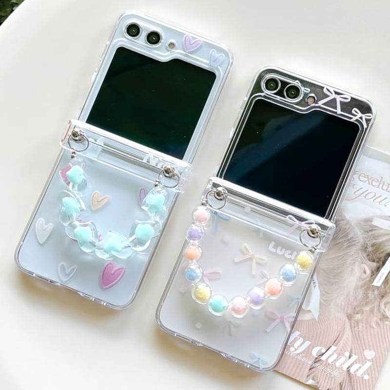 / Heart Bow Phone Case Set Strap Phone Case - Heart - Transparent Z Flip 5