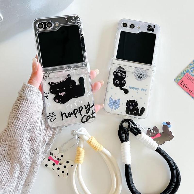 / Phone Strap Set Cat Case Set Of 2 - Phone Case & Black Strap - 3 Cats - Transparent Z Flip 5