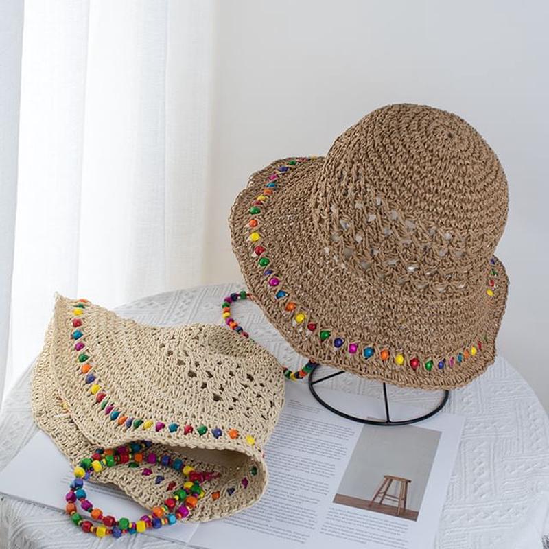 Bucket Straw Beaded Hat Adjustable - Beige One Size