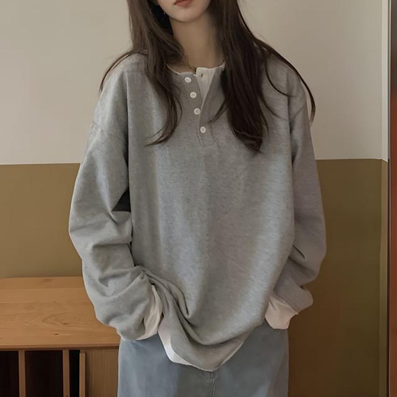 Mock Henley T-Shirt Two-Piece Long-Sleeve Gray XL