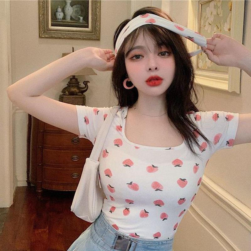 Print T-Shirt Short-Sleeve Strawberry Strawberry Print - White M