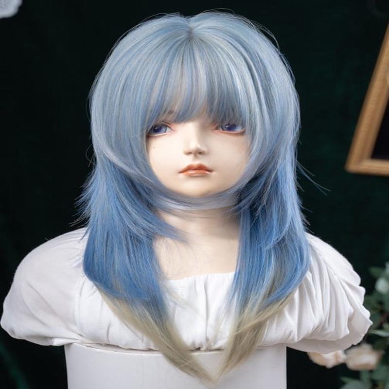 Length Hair Wig With 65CM Blue Cut Straight Color Bangs Hime Air Ombre Blue FreeSize
