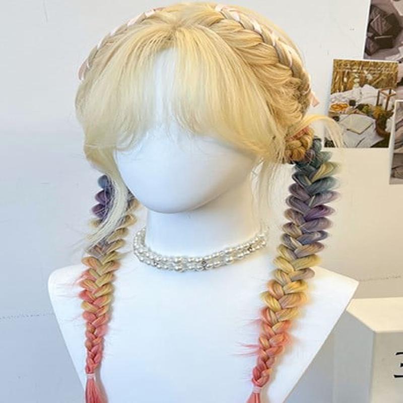 Ponytails Rainbow Synthetic Braided Bangs Wig Double Yellow + Curtain With Rainbow FreeSize