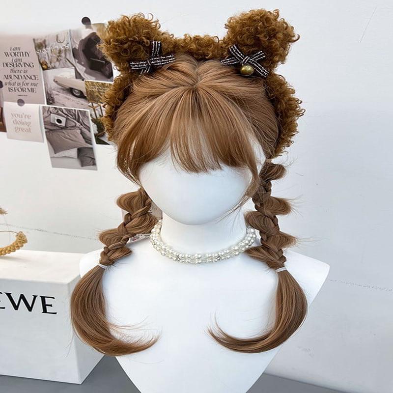 Synthetic Ponytails Braided Full and Double Wig Brown Bangs With LightBrown FreeSize