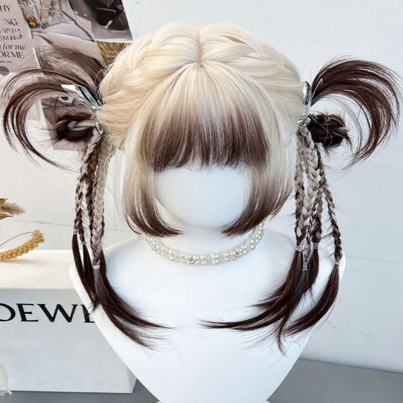 With Bangs Ombre Color Braided Brown White Wig Full And Synthetic Hair White&Brown FreeSize