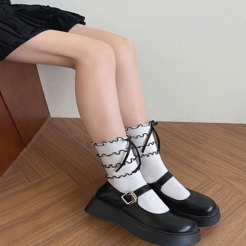 White Trims Tiered Socks Black Calf Bowknot With Ruffle White&Black FreeSize