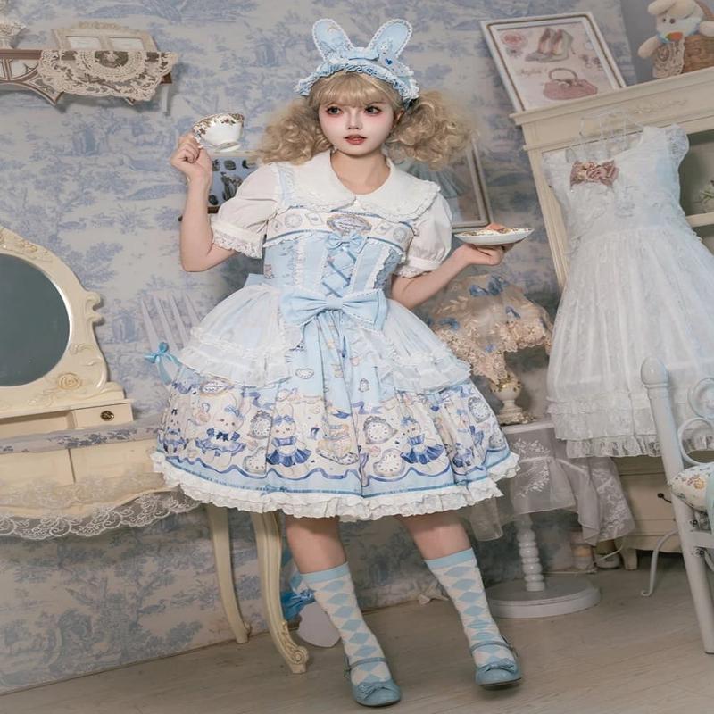 Alice Bunny Dress Blue Lolita Sweet Print Clock and Blue S