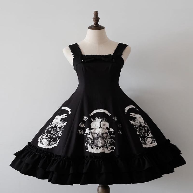 Bunny Gothic Dress Print Slim Fit Dark Waist Black Lolita Black XL