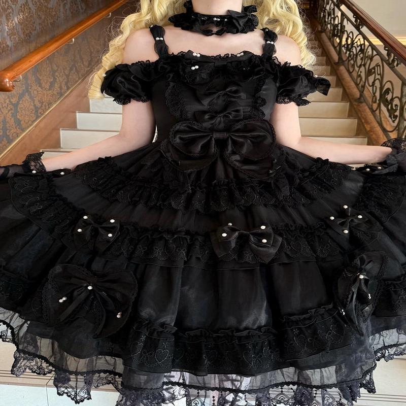 with Black Details Dress Big Accents Princess Lolita Bead All at Back and Bow Black S
