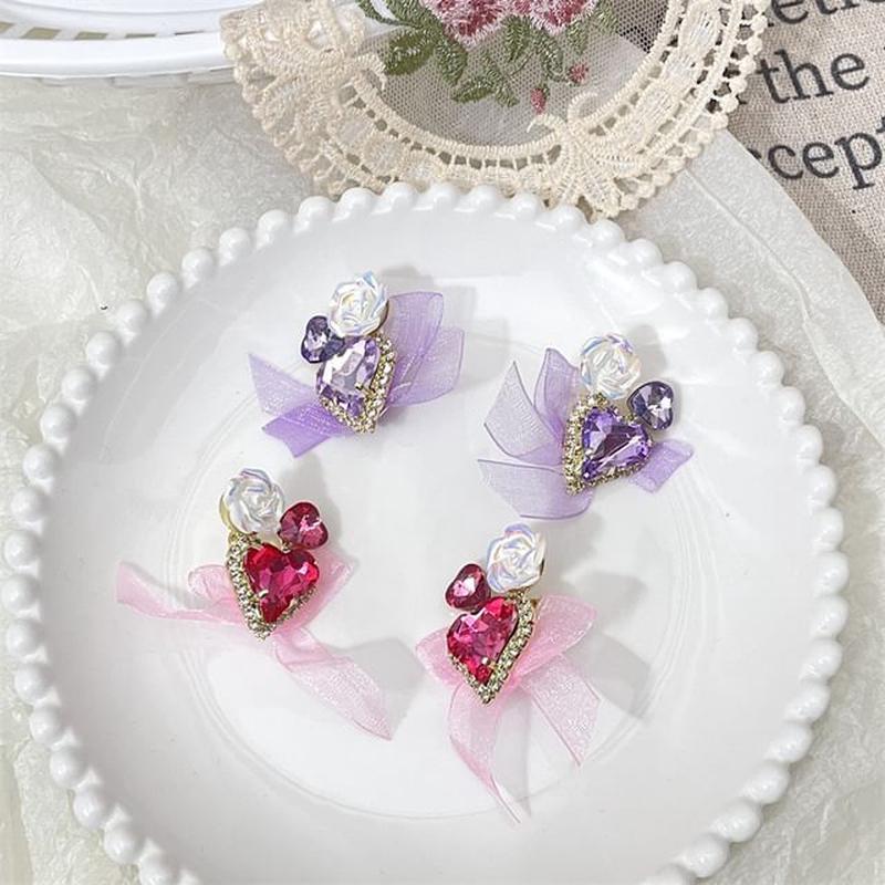 Heart-Shaped Bow Organza Earrings With Rhinestone Purple One Size