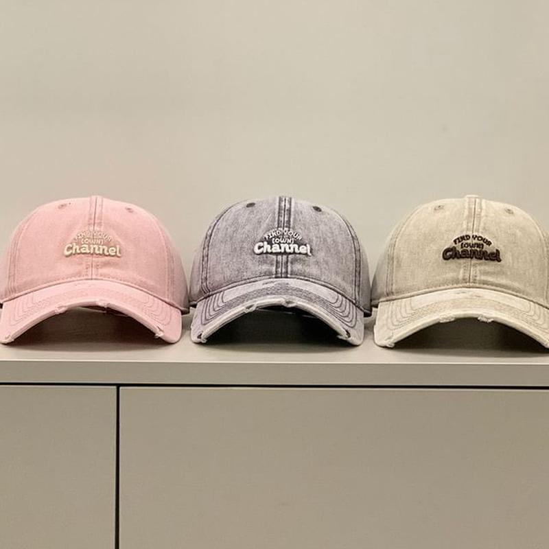 Washed Cap Embroidered Letter Distressed Pink One Size