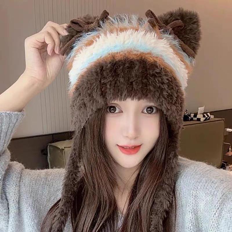 Beanie Bow Ear Cat Knit Fluffy Coffee One Size