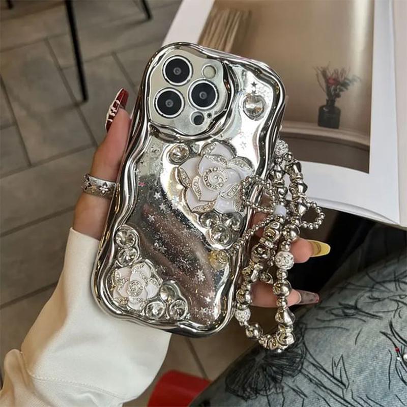 / Phone Set Floral Case Strap Metallic Without Strap - Silver iPhone 14 Pro