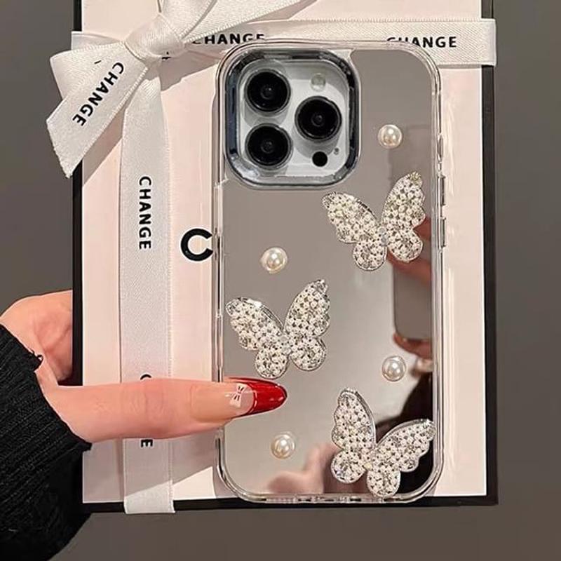 / Set Pearl Phone Butterfly Faux Mirrored Case Strap Without Strap - Silver iPhone 15 Pro Max