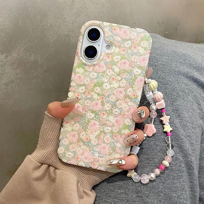 / Floral Set Phone Case Strap With Bead Strap - Case - Pink & White Floral - Green IPHONE 14 PRO MAX