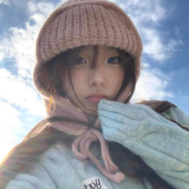 Knit Hat Balaclava Plain Fluffy / Bear Pink One Size