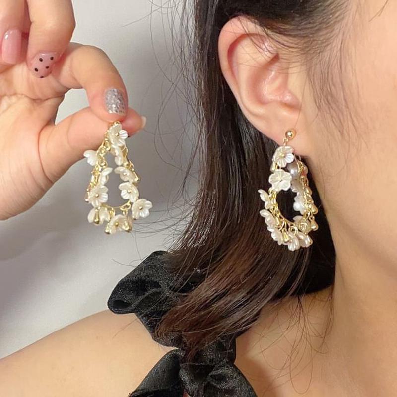 Earring Pearl Faux Hoop Floral Fringed