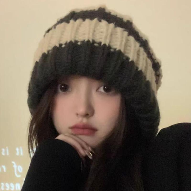 / Striped Plain Beanie Ribbed Stripe - Beige One Size