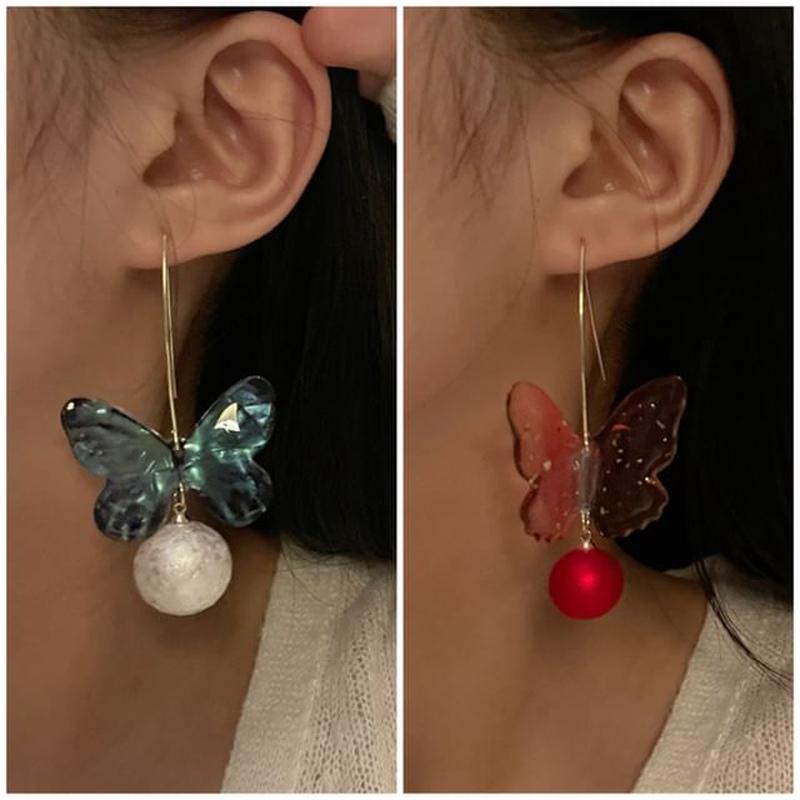 Earring Hook Drop Bead Butterfly 1 Pair - Red One Size