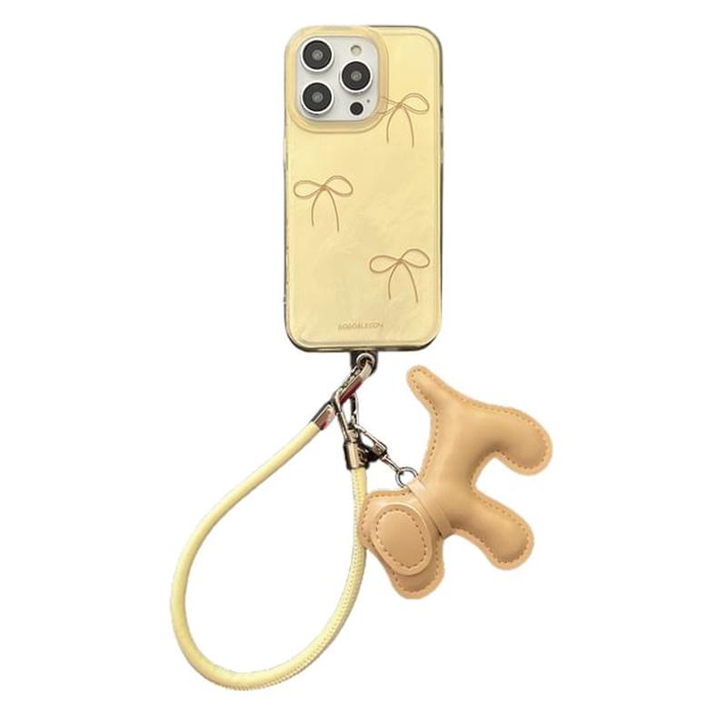 with Charm Dog Phone Case Bow Strap With Strap - Yellow iPhone 15