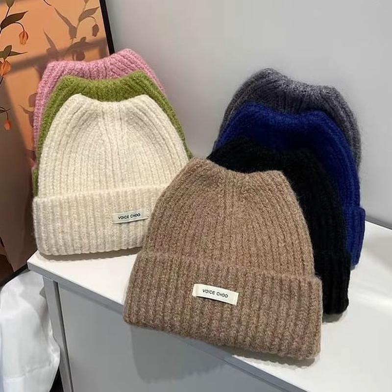 Lettering Knit Applique Beanie Khaki One Size