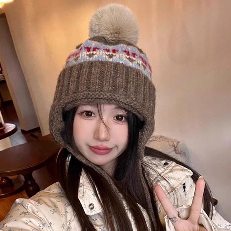 Knit Trapper Pom Hat Almond Beige One Size