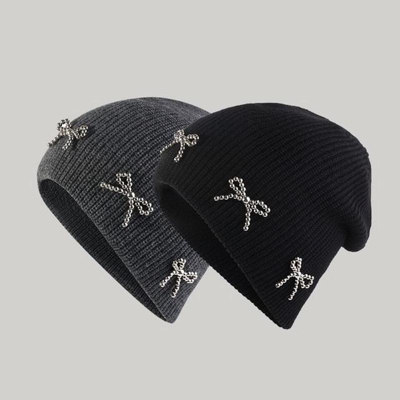 Studded Beanie Metallic Bow Knit Gray One Size