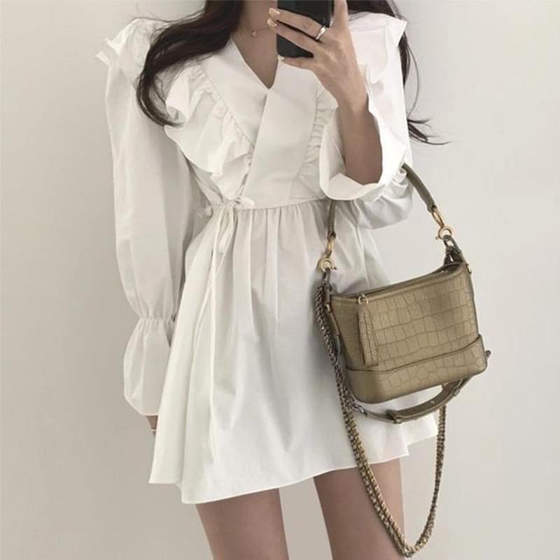A-Line Mini Plain Collared Long-Sleeve Dress V-Neck White S