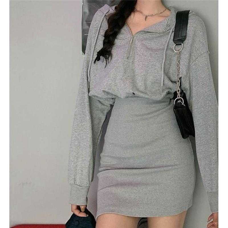 Zip Hoodie Dress Plain Mini Half White S