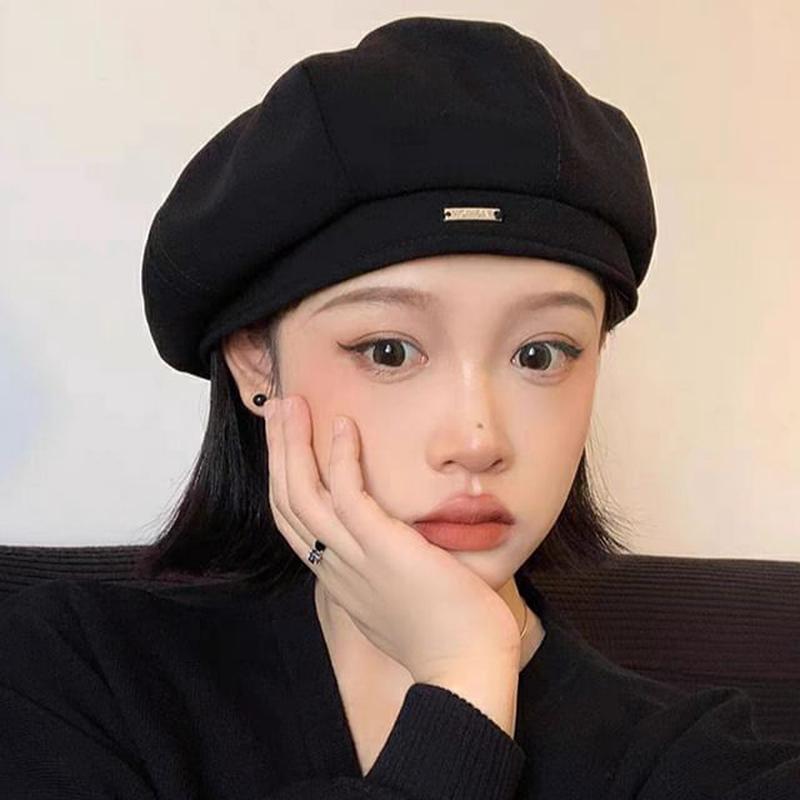 Beret Applique Blend Wool Black One Size
