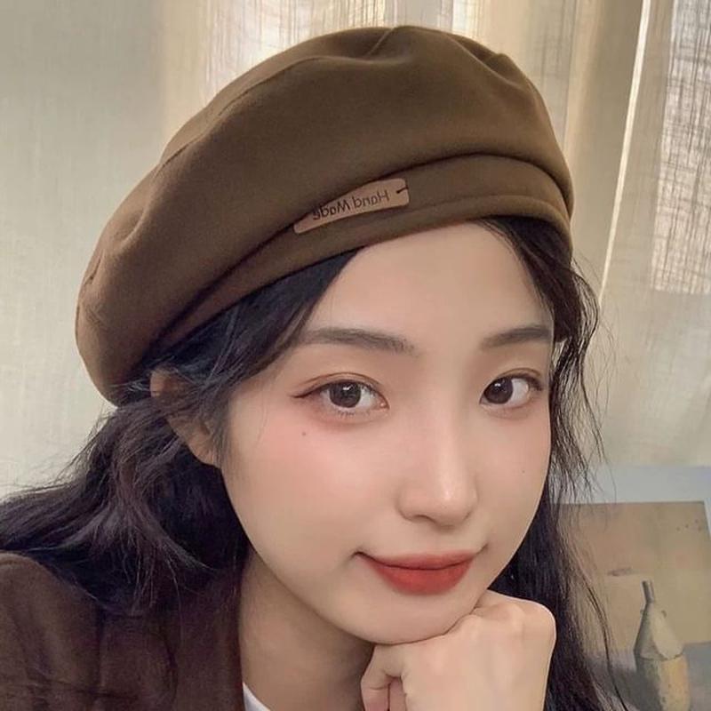 Blend Wool Plain Beret Lettering Label - Coffee M