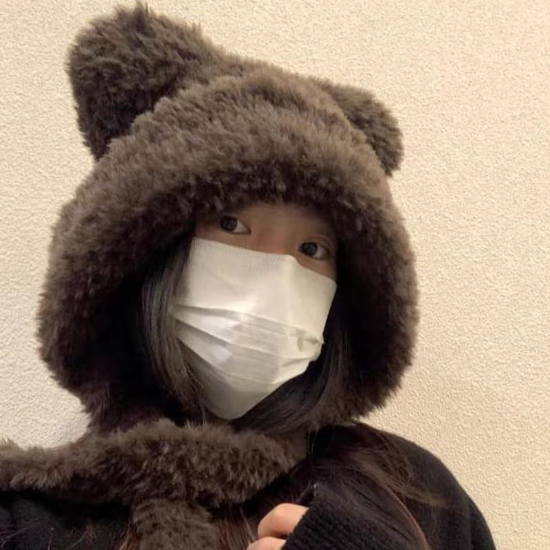 / Ribbed Fluffy Ear Plain Beanie Hat Bear Ribbed - Black One Size