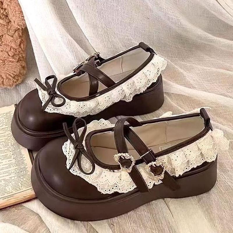 Buckled Trim Mary Shoes Lace Platform Ruffle Jane Black 39