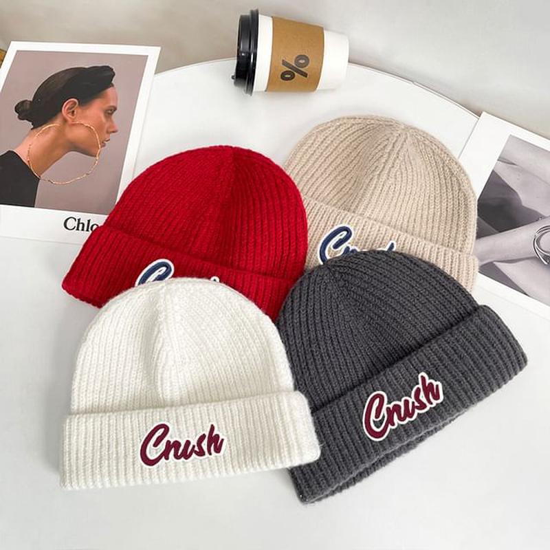 Beanie Applique Lettering Knit A-576 - Coffee One Size