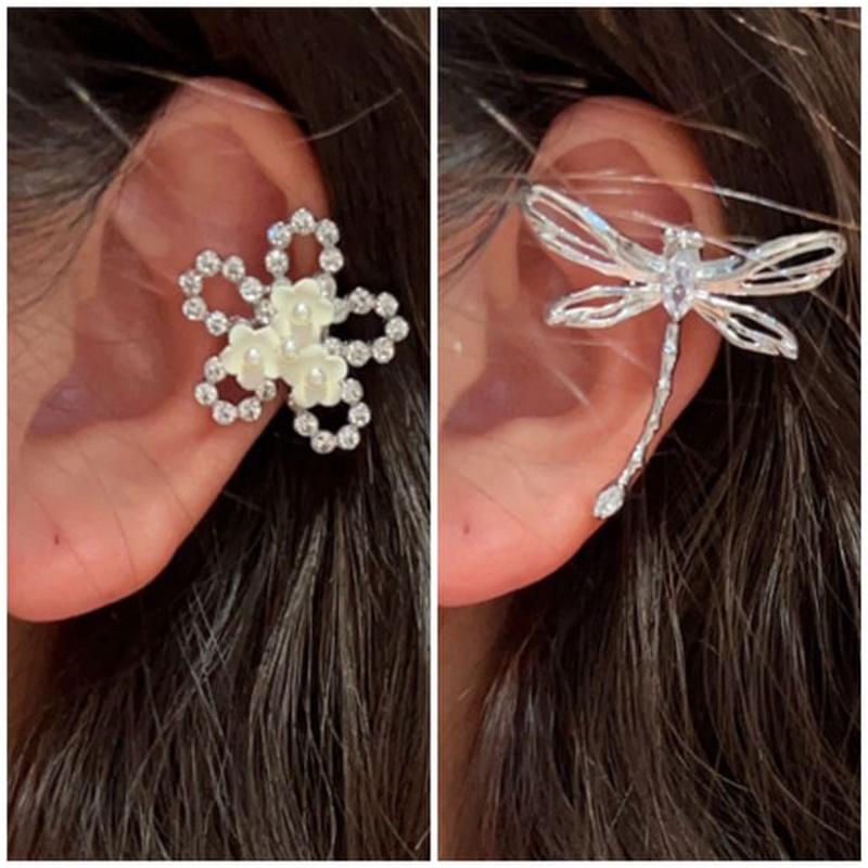 Cuff Ear Dragonfly Floral Alloy / 1 Pair - Dragonfly - Silver One Size