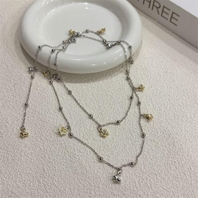 / Choker Heart Pendant Floral Alloy Flower - Silver & Gold One Size