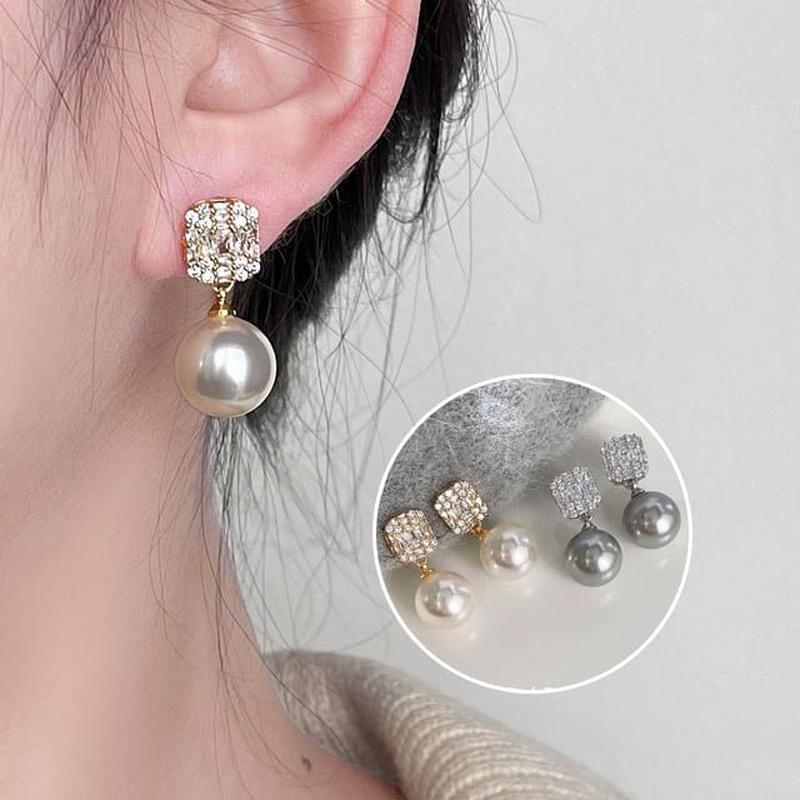 Earring Drop Faux Rhinestone Pearl Alloy W881 - 1 Pair - Silver One Size