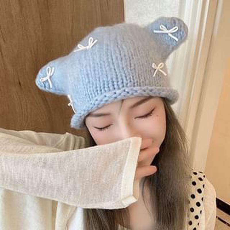 Animal Bow Knit Beanie Ear Beige One Size